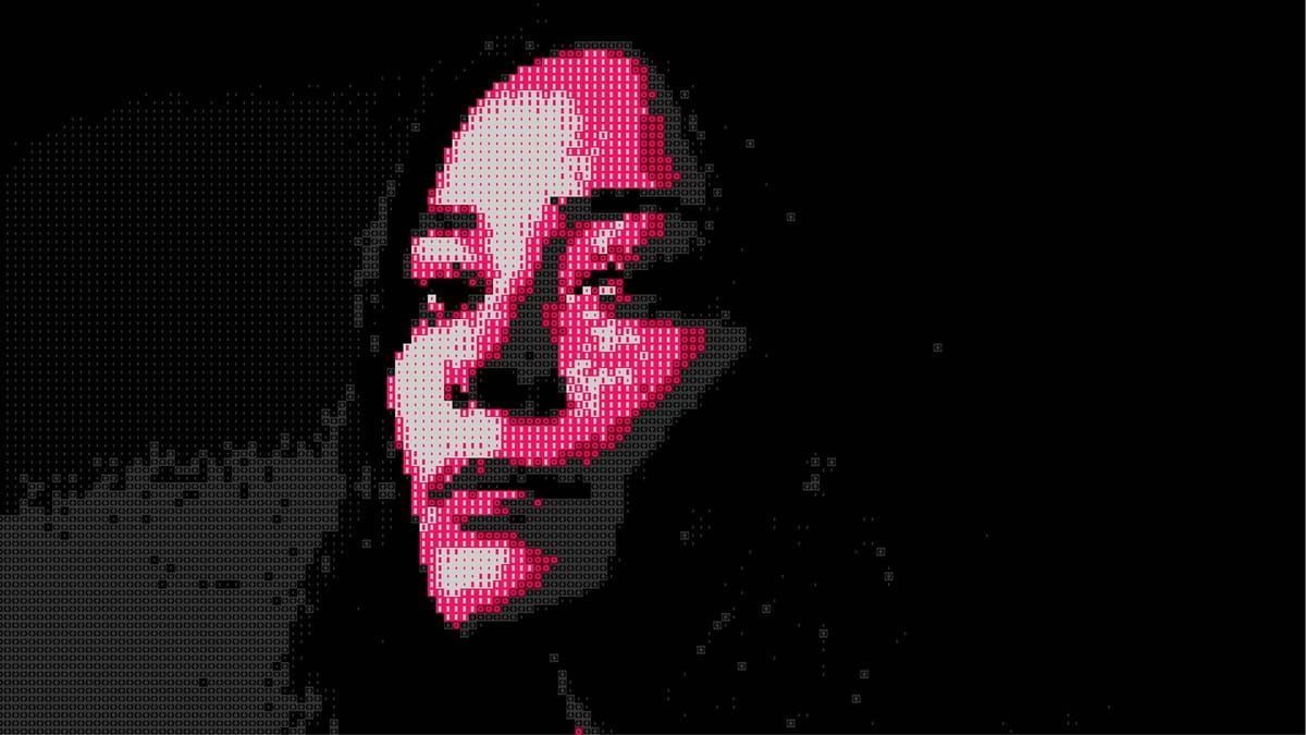 Retrato pixelator de mulher, close-up em magenta e preto
