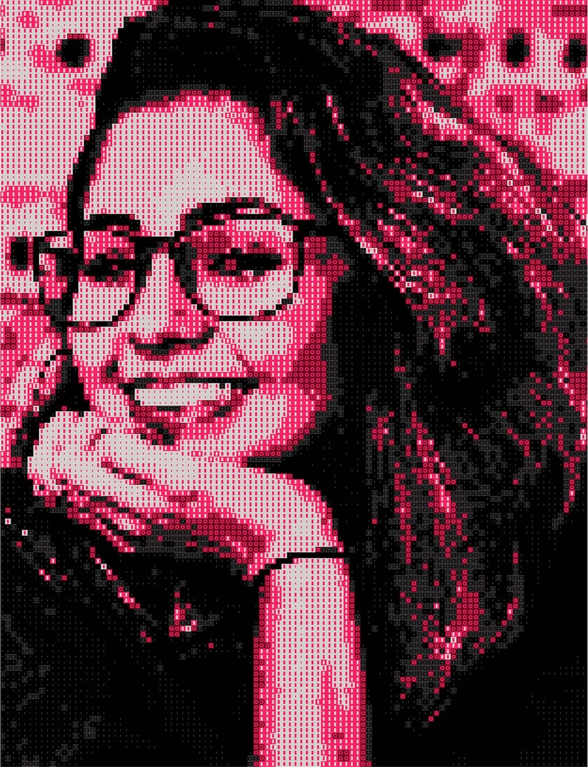 Retrato pixelator de mulher com óculos, magenta e preto