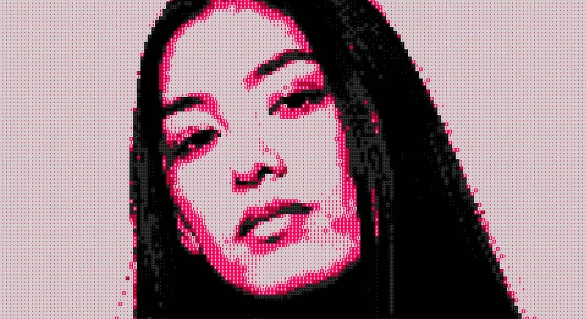 Retrato pixelator detalhado de mulher, magenta e preto sobre fundo placa-mãe